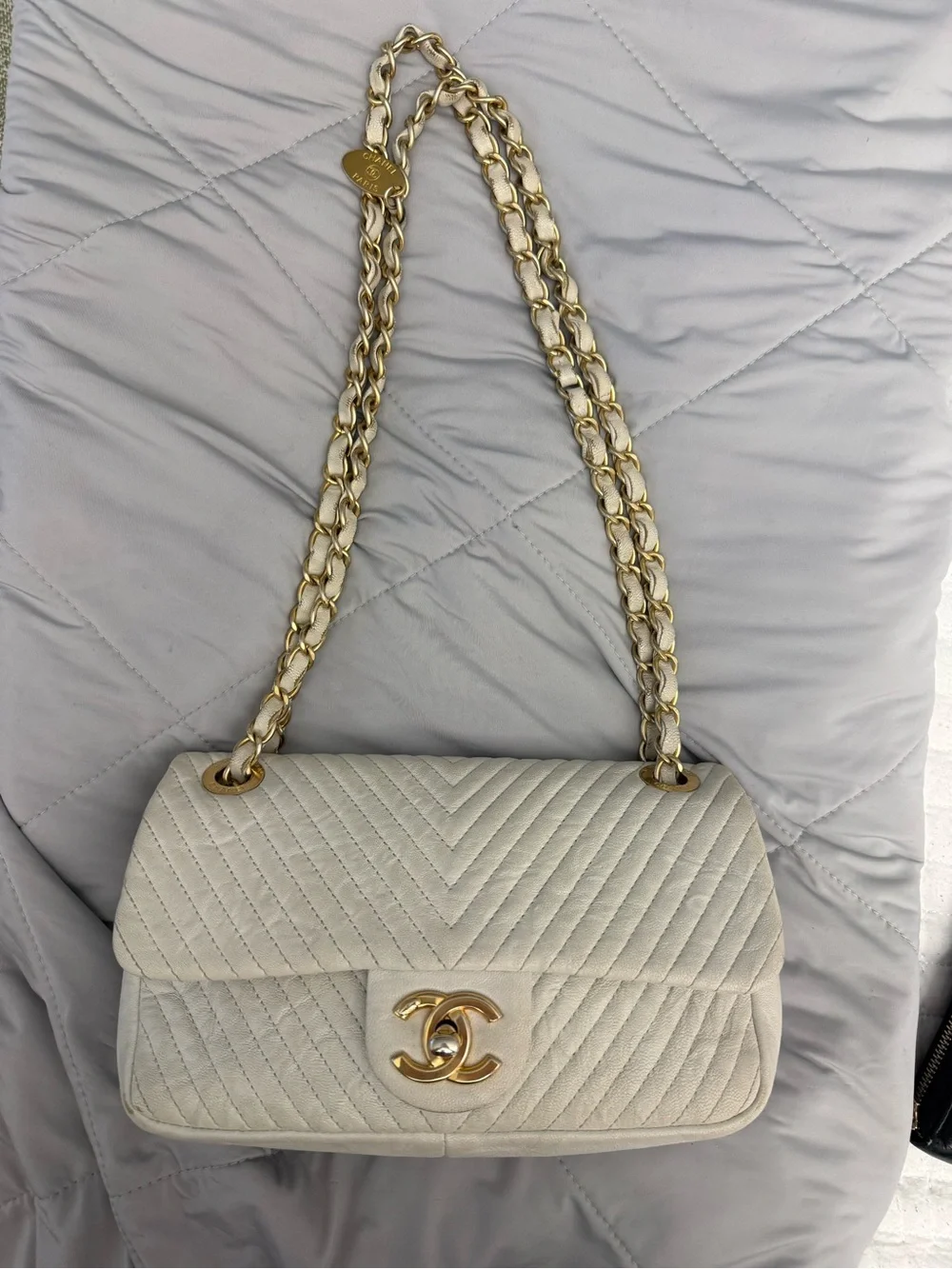 Chanel Quilted Chevron Flap Shoulder Bag in Light Beige